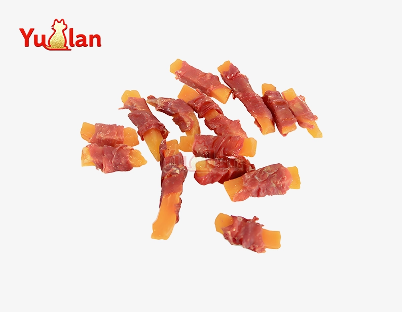 Duck wrapped in French fries for dogs